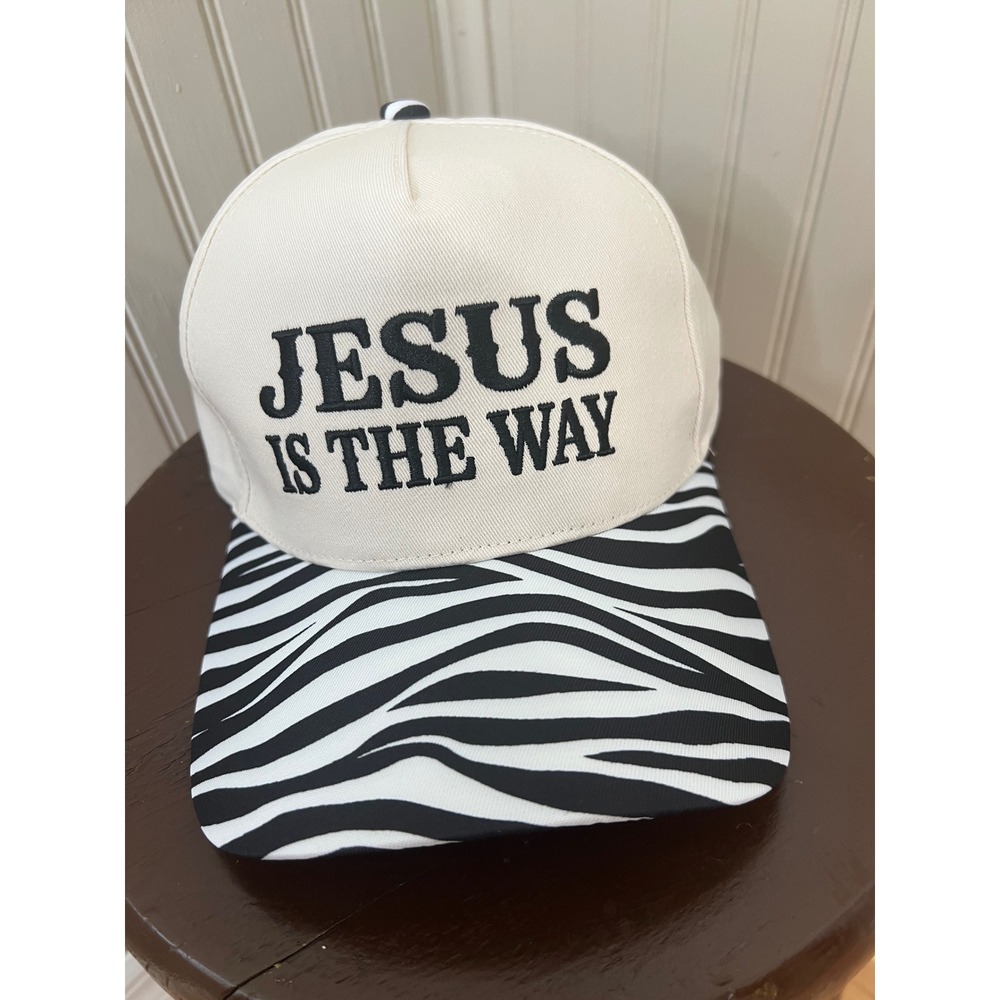 Jesus Is The Way Snapback Hat Zebra Print Brim Cream Christian Trucker Cap NEW
